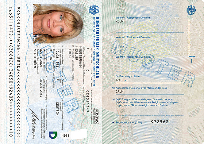 Abbildung der Passkartendatenseite und der Passbuchinnenseite 1 des Reisepasses mit dem neuen Datenfeld „Nr. 14 [a] Doktorgrad“ und dem dort zugeordneten Datenfeld „[b] Ordens- oder Künstlername“