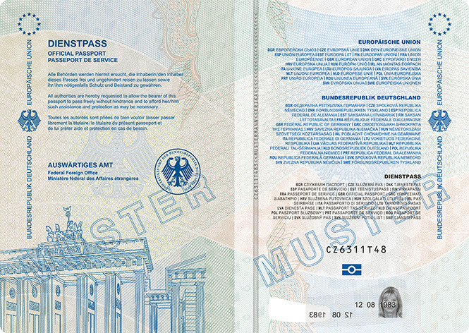 Abbildung des Vorsatzes und der Passkartentitelseite des Dienstpasses