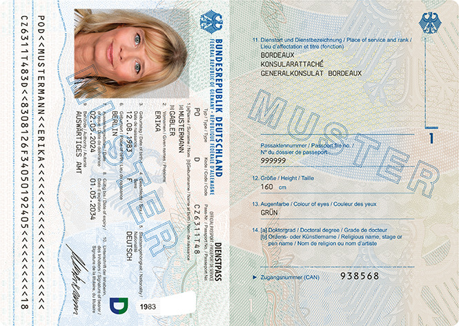 Abbildung der Passkartendatenseite und der Passbuchinnenseite 1 des Dienstpasses mit dem neuen Datenfeld „Nr. 14 [a] Doktorgrad“ und dem dort zugeordneten Datenfeld „[b] Ordens- oder Künstlername“